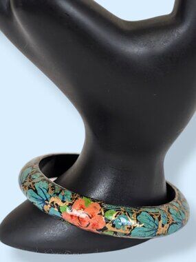 Hand-Painted Floral Metallic Wooden Bangle
